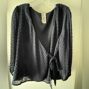 SADIE & SAGE BLUE WRAP TOP WITH SLIGHTLY PUFFED SLEEVES & EMBROIDERED DOTS- SZ L